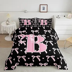 jejeloiu Cute Pink Bow Kids Bedding Set Twin Size Boys Girls Initial Letter