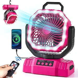 Odoland Portable Camping Fan with LED Lantern, 20000mAh Rechargeable Battery Powered Fan with Auto Oscillation, Timer, Remote, 360┬░ Rotation Hook, 4 Speeds for Power Outage Travel Home, Pink