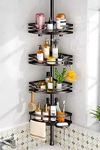 HAMITOR Shower Caddy Tension Pole: Rustproof Bathroom Corner Shelf for Renters, 47-121 inches Adjustable Organizer with Soap Holder-Large Capacity Rack for Shampoo Storage Home Accessory- Bronze