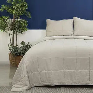 meadow park Stonewashed Linen Blend Box Stitch Quilt and Matching Pillow Shams 3pcs Set, King Size, Grey Color