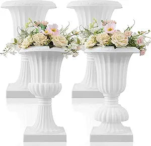 AceOrbit 4 Pack 20 Large Plastic Urn Planters, Pedestal Flower Plant Pot White Plant Stand for Wedding, Party, Event, Home, Stage, Garden, Balcony Decoration