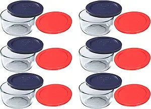 Pyrex (6) 7200 2-Cup Glass Bowls with (6) 7200-PC Blue & (6) Red Food Storage Replacement Lids - Made in USA