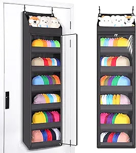 Toread 7-Layer Door-Mounted Baseball Cap Organizer, Dust-Proof Hat Rack Holds 90 Hats, Adjustable Non-Slip Hooks, Multi-Purpose Organizer for Nursery, Bathroom, Bedroom - Patented Designblack