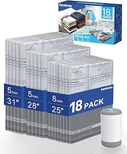 Fantictas Vacuum Storage Bags for Travel Luggage, 18 Pack Space Saver Bags with 4000Pa USB Rechargeable Electric Pump - 1500mAh High Suction - 3 Sizes Assorted Compression Bags for Clothes Storage
