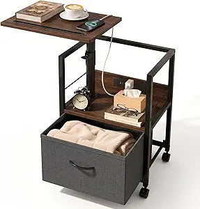Faesun Swivel Lift Top Nightstand with Charging Station, Rolling Side Table for Recliner, Bedside Table with Wheels & a Fabric Drawer, for Small Spaces, for Bedroom, Living Room, Walnut Gray