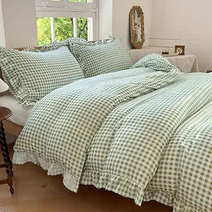 NSNLGSGC Sage Green Gingham Ruffle Queen Duvet Cover
