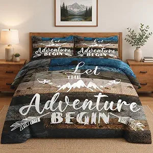 WeCozy Queen Size Comforter Set with 2 Pillowcases, Camp Adventure Motivational 3 Pcs Bedding for Kids and Adults, Vintage Inspirational World Soft Comforter Set for Bedroom Bed Decor