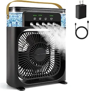 Portable Air Conditioner Fan, Mini Evaporative Air Cooler Cooling Fan with 5 Spray Nozzles,3 Wind Speeds,3 Timers,7 Colors LED Light,600ML Personal AC Unit Fan for Bedroom Office CampingBlack