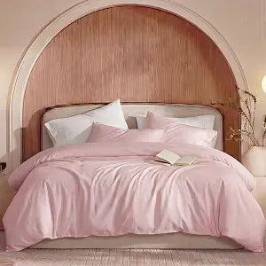 100% Washed Cotton Duvet Cover Queen Size  Pink, Linen-Like Texture, Super Soft & Breathable Bedding Set, 3-Piece Durable Percale Comforter Cover