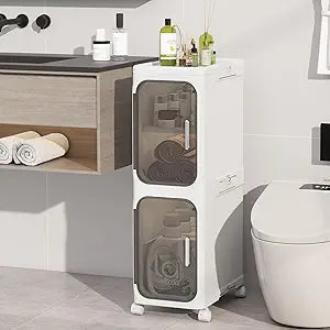 2-Tiers Slim Bathroom Storage Cabinet, Foldable Storage Cabinets,Narrow Bathroom Storage,Movable Bathroom Storage Organizer for Small Spaces,Bathroom,Kitchen,Laundry,White