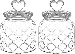 22 oz Clear Glass Canister with Cute Heart shaped Lids Set, Food Storage Glass Jars with Airtight Lids for Kitchen and Dining Room, Grid/Set of 2