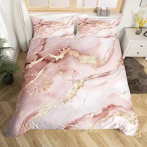 Feelyou Girls Marble Bedding Set Women Pastel Pink Gold Marble Duvet Cover Kids Girly Golden Glitter Cracked Lines Comforter Cover Colorful Liquid Abstract Art Bedspread Twin Size (No Comforter)