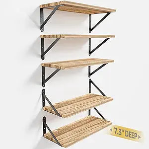 COCOYA Wall Shelves 7.3" Deep Set of 5, Solid Paulownia Wood Wider Longer Sturdy Easy to Install Wall Mounted Bookshelves Storage Shelves Bathroom Home Office Laundry Room Bedroom Organizer