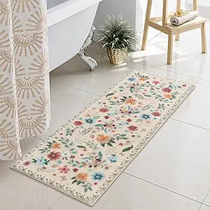 Uphome Bathroom Runner Rug, Boho Beige Long Bath Mat, Modern Plush Soft Machine Washable Bath Rug, Non-Slip Farmhouse Botanical Floor Carpet for Entryway Bathroom Bedroom, 18x47 inch
