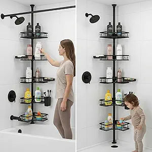 5-Tier Corner Shower Caddy Tension Rod, Rustproof Adjustable Tension Pole Shower Organizer - Floor to Ceiling Large Capacity Bathroom Storage for Shared Showers (Black)
