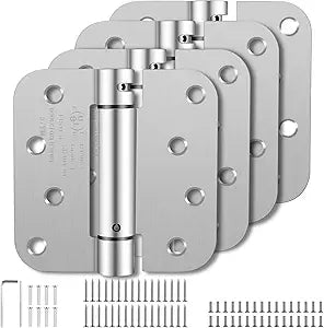 Self Closing Door Hinges 4 Inch, Spring Loaded Adjustable Tension Hinges for Garage/Front/Back Doors - UL Listed Brushed Nickel Hinges, Left/Right Hand Door Hardware with 5/8" Radius Corners (4 Pack)