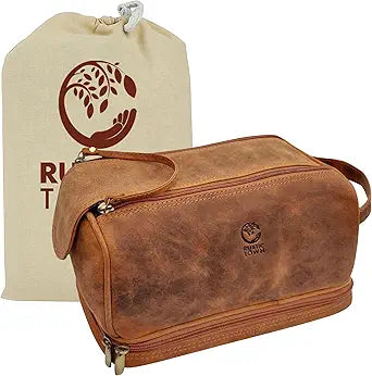 Leather Toiletry Bag for Men - Travel Shaving Dopp Kit - Bathroom Shower Toiletries Organizer - Cosmetic Make up Bag for Women