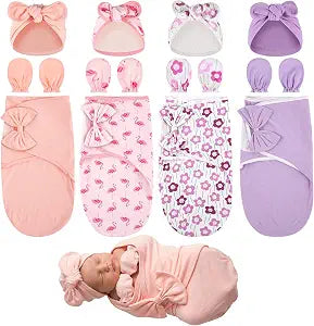 Ramede 4 Pack Baby Swaddle Blanket 0-3 Months with Hats and Mittens Set, Soft Cotton Newborn Swaddles for Boys Girls, Adjustable Infant Sack, Gifts for Baby Shower(0-3 Months,Cute Style)