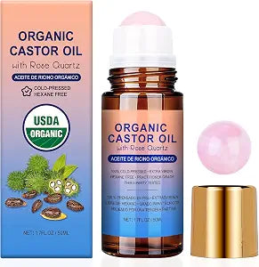Organic Castor Oil Rose Quartz Roller Ball, Roll On Caster Oil