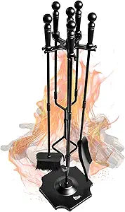 VODA Large 5 Pcs Fireplace Tools Set Black Fire Place Tools Indoor Outdoor Fire Place Poker Set with Stand, Including Fireplace Poker,Fireplace Tongs,Fireplace Shovel,Fireplace Brush and Sturdy Base