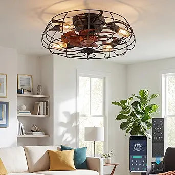 Caged Ceiling Fan Light with Remote,20" Farmhouse Rustic Ceiling Fans with Lights and Remote,Small Ceiling Fan with Light,6 Speed Reversible with Timing for Bedroom, Living Room - Black