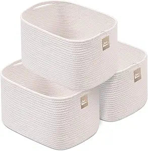 CHAT BLANC Cotton Rope Baskets for Organizing, Shelves, Toys, Storage, Shoe, Bathroom, Laundry, Towel, Nursery, Home Decor, Blanket, Cloth Woven Bins Fabric (Creamy White, 15"x10"x9")