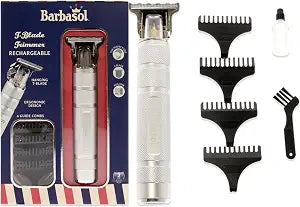 Barbasol Stainless-Steel Rechargeable Zero-Gapped T-Blade Trimmer, Hanging Blade, 4 Guide Combs