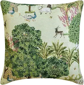 The HomeCentric Decorative Pillows Cover Green Pack of 2, 24"x24" (60x60 cm) Cotton Hand Embroidery, Peacock, Floral Outdoor Furniture Euro Pillow Shams, Floral Contemporary Style - Mor Nritya
