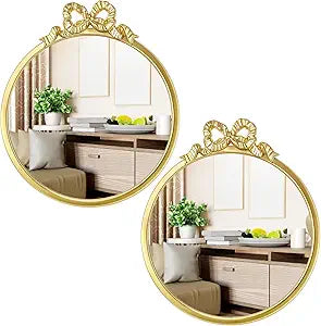 Chunful 2 Pcs Vintage Gold Round Wall Mirror 11.8 Inch Small Bow Circle Mirror Farmhouse Baroque Antique Vanity Gold Frame Hanging Wall Decor for Bathroom Bedroom Living Room Hallway Dressing Table