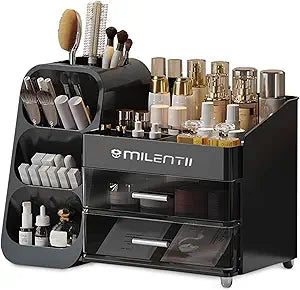 Makeup Organizer with Drawers, Large Capacity Cosmetic & Skincare Storage Box, Countertop Vanity Organizer for Bathroom, Bedroom & Dresser, ABS Plastic Makeup Storage Organizer, Black