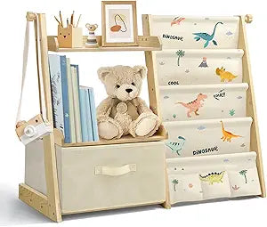 Kids Bookshelf and Toy Organizer 2 in 1,Book Shelf for Kids Rooms with Movable Toy Bin,4 Tier Toddler Sling Book Rack for Nursery Bedroom Playroom (Dinosaur)