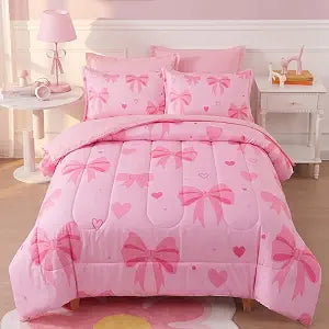 ADASMILE A & S Bow Full Size Comforter Set for Girls, 6 Pieces Bed in A Bag Pink Bow Bedding Sets with Sheets for Kids, Princess Bed Set for Home Decor