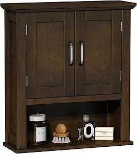 ChooChoo Wood Wall Cabinet with Doors, Medicine Cabinet with Adjustable Shelves Over The Toilet, Rustic Cabinet Wall Mounted for Bathroom, Kitchen, Living Room, Walnut