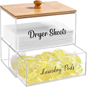 Acrylic Laundry Pods Contianer and Dryer Sheet Holder Set with Bamboo Lid, Dishwasher Pods Container, Laundry Pods Holder, Laundry Soap Organizer, Laundry Room Organization and Storage