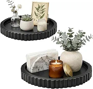 Decorative Tray for Coffee Table, Modern Minimalist Wooden Round Decor Tray for Kitchen, Living Room, Home Decor, Tv Stand, Bathroom Sink, Entryway, Black Color, Set of 2