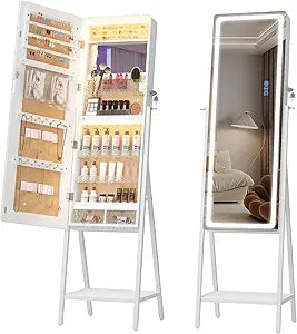 LVSOMT RGB LED Mirror Jewelry Cabinet, Large Jewelry Armoire Cabinet Standing, Lockable Full Length Mirror with Jewelry Storage, Space-Saving Jewelry Organizer Mirror, 14 RGB Lights, White