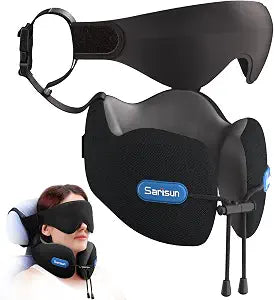 SARISUN Travel Neck Pillow for Airplanes with Head Support Strap and 3D Eye Mask, Dual Density Foam Neck Support Airplane Travel Pillow for Long Flights/Car Road Trips,Black&Dark Grey