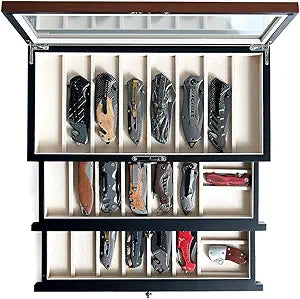 Pocket Knife Display Case for men collection holder 22-26 folding knife with Walnut Finish Three-Tier Knife organizer storage box with Real Glass Window Top (walnut veneer with 2 draw)