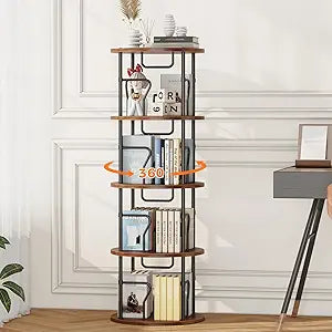 4 Tier Rotating Bookshelf Tower, 360 Display Round Bookcase, Floor Standing Corner Revolving Bookshelf Organizer Storage Rack for Small Spaces, Home Study Office, Black&Brown