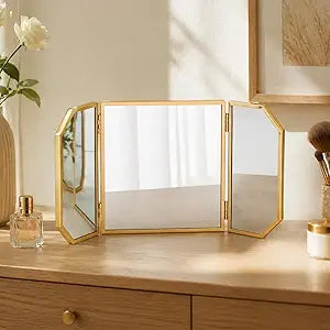 Wonderjune 24'' x 12'' Trifold Vanity Makeup Mirror with Stand on Tabletop, Polygon Gold Decorative Three Sided Mirror, Decor for Modern Home Bedroom Living Room