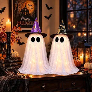2 Pack Lighted White Ghost Halloween Decorations with Witch Hats, Telescopic Height Adjustable 12.35 to 21.65 Inches, 8 Lighting Modes Battery Operated, Halloween Indoor Decor for Table Mantel