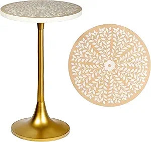 JONATHAN Y Nysha Bohemian Round Accent Side Table, 25" Tall End Table with Floral Mandala Top and Gold Pedestal Base, for Living Room, Bedroom, and Small Spaces, Almond and Gold END1007A