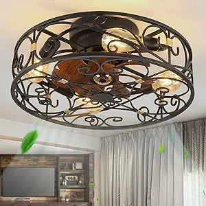 20" Caged Ceiling Fans with Lights and Remote, Bladeless Ceiling Fan 6 Speed Reversible with 4 Bulbs and Remote Control,Flush Mount Caged Ceiling Fan for Bedroom, Living Room, (Include Bulbs)