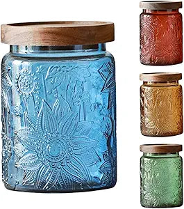ANSQU Set of 4 Vintage Glass Storage Jars, 23.7oz Glass Coffee Canisters Decoraitve Mason Jars Sugar Containers with Airtight Wooden Lids for Kitchen Pantry, Cookie Jars (Sunflower)