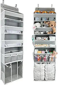 Door Hanging Storage Organizer,with 3 Bins 1 Movable Baby Diaper Caddy,1 Large capacity diaper stacking storage Organizer,10 Side Pockets ,Bedroom Door Storage for Nursery Baby Essentials.Grey 1 Pack.