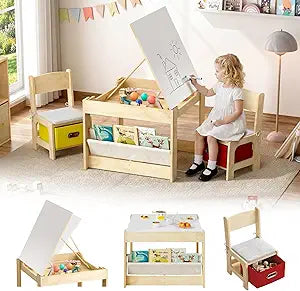 EXPERLAM Kids Table and 2 Chairs Set, Wooden Toddler Activity Table with Adjustable Drawing Tabletop, Safety Hinges, Storage Drawers &Bookshelf for Playroom, Nursery, Ages 1-6, Burlywood