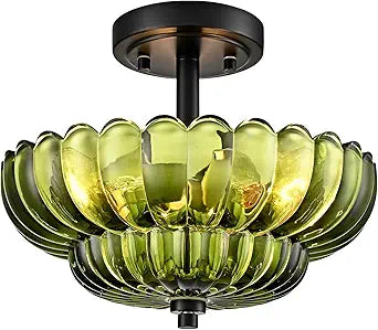 Semi Flush Mount Ceiling Light Fixture, Green Glass 3-Light Modern Vintage Ceiling Lights, Scalloped Close to Ceiling Light, Black Base Flush Mount Ceiling Light for Hallway Bedroom Entryway Kitchen