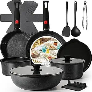 Ceramic Cookware Set, 21 Pcs Pots and Pans Set Nonstick with Detachable Handles, Stackable Granite-Style Induction Cookware for RV Camping Kitchen, Dishwasher & Oven Safe, Black