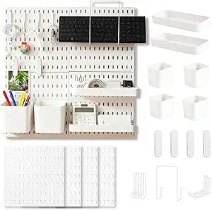 Pegboard Wall Mounted Organizer Storage Set, Includes 4 White Pegboards and 20 Hanging Accessories, 23" x 23" Plastic PegBoard Panels Combination Kit for Home, Office, Garage Tool Storage & Craft Room