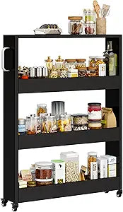 Slim Storage Cart, Lightweight 4 Tier Metal Rolling Utility Kitchen Cart on Wheels, Mobile Storage Shelving Unit Organizer for Bathroom Laundry Office Narrow Places (4 Tier-Black, 6" D)